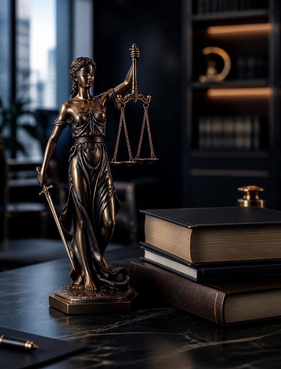 Bronze figure of Lady Justice beside legal books