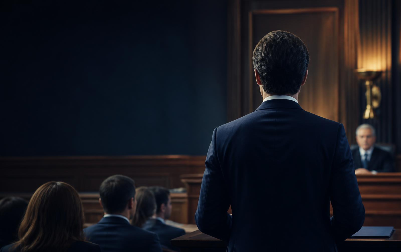 Counsel presenting a case in an elegant courtroom